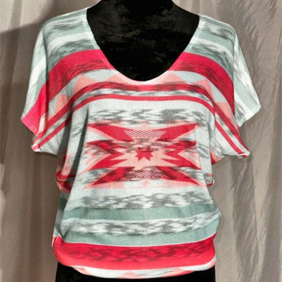 Southwest Design Sweater, Batwing, V-Neck, Orange and Green, Large - Picture 7 of 8